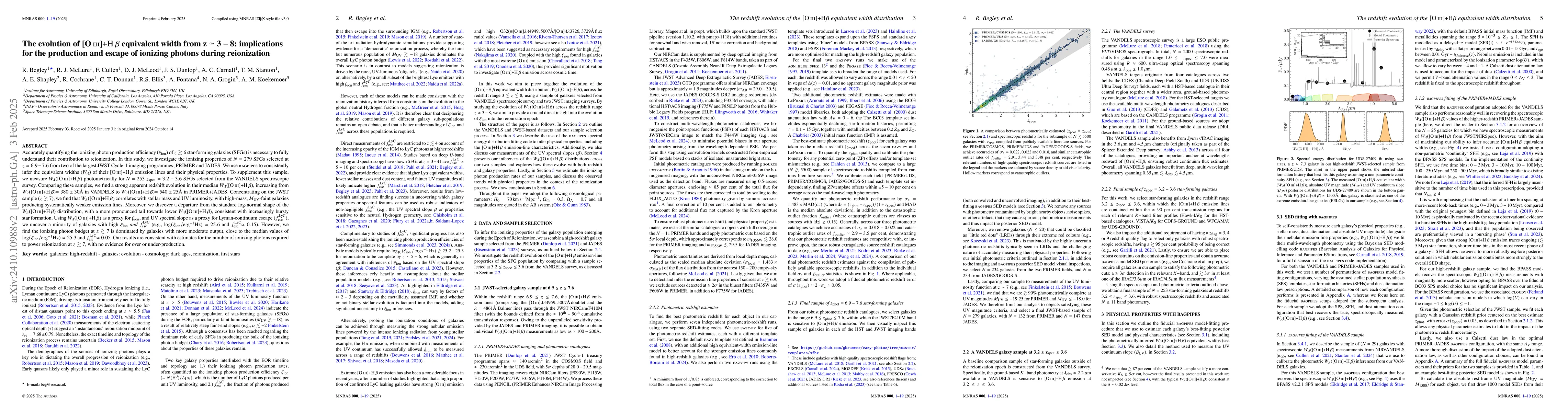 Thumbnail for The evolution of [OIII]$+\rm{H}β$ equivalent width from
  $\mathbf{z\simeq3-8}$: implications for the production and escape of ionizing
  photons during reionization