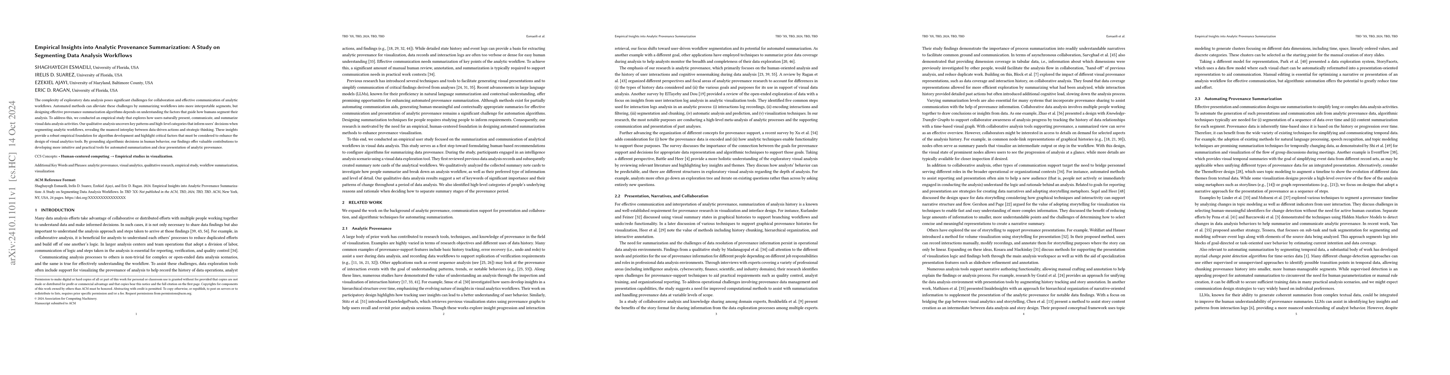 Thumbnail for Empirical Insights into Analytic Provenance Summarization: A Study on
  Segmenting Data Analysis Workflows