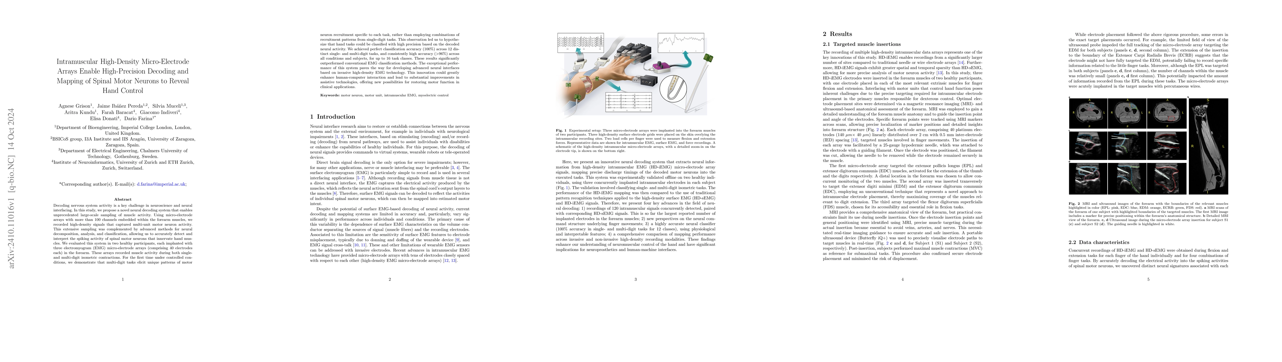 Thumbnail for Intramuscular High-Density Micro-Electrode Arrays Enable High-Precision
  Decoding and Mapping of Spinal Motor Neurons to Reveal Hand Control