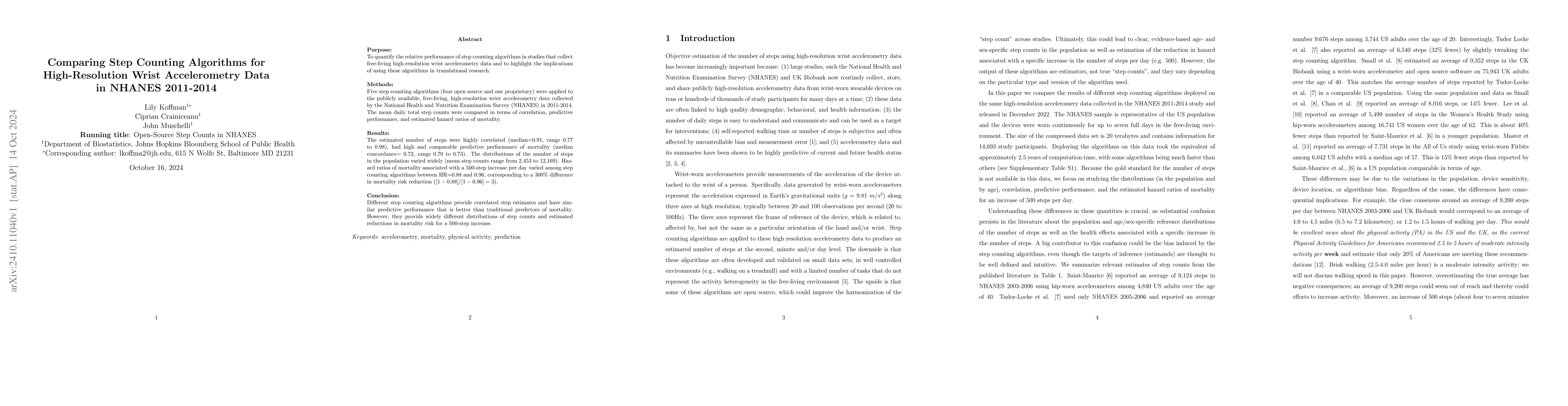Thumbnail for Comparing Step Counting Algorithms for High-Resolution Wrist
  Accelerometry Data in NHANES 2011-2014