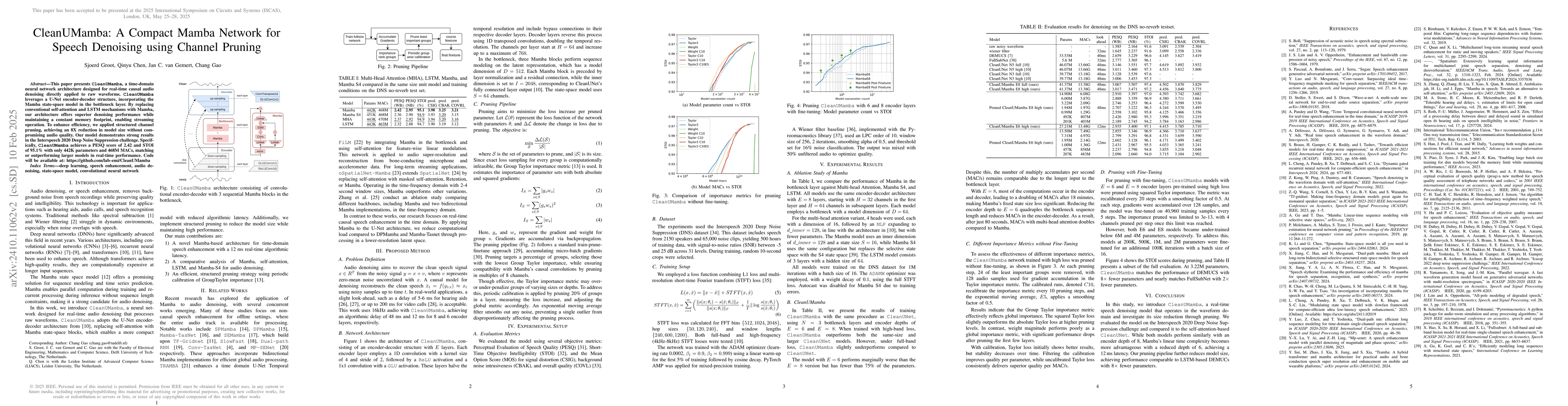 Thumbnail for CleanUMamba: A Compact Mamba Network for Speech Denoising using Channel
  Pruning