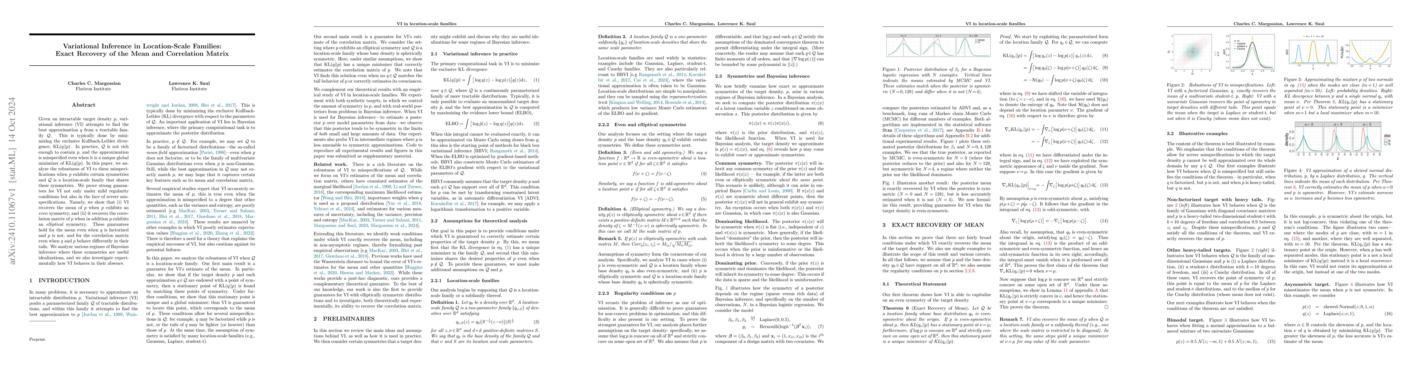 Thumbnail for Variational Inference in Location-Scale Families: Exact Recovery of the
  Mean and Correlation Matrix
