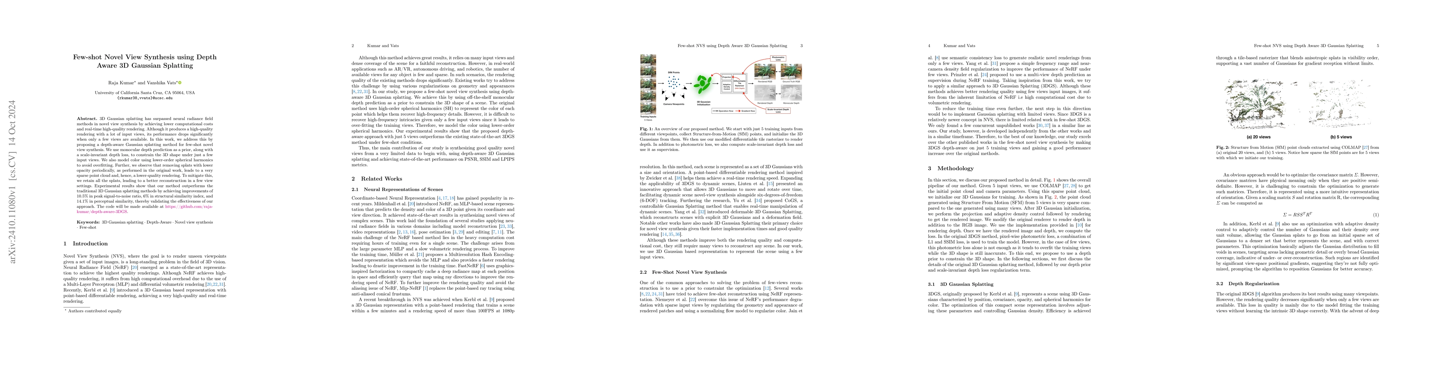 Thumbnail for Few-shot Novel View Synthesis using Depth Aware 3D Gaussian Splatting