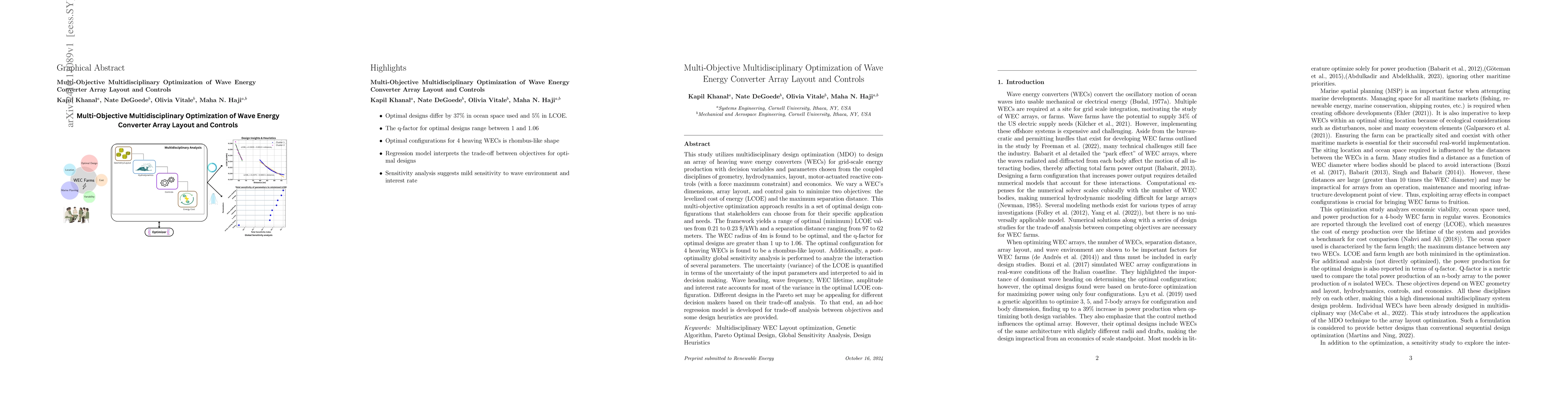 Thumbnail for Multi-Objective Multidisciplinary Optimization of Wave Energy Converter
  Array Layout and Controls