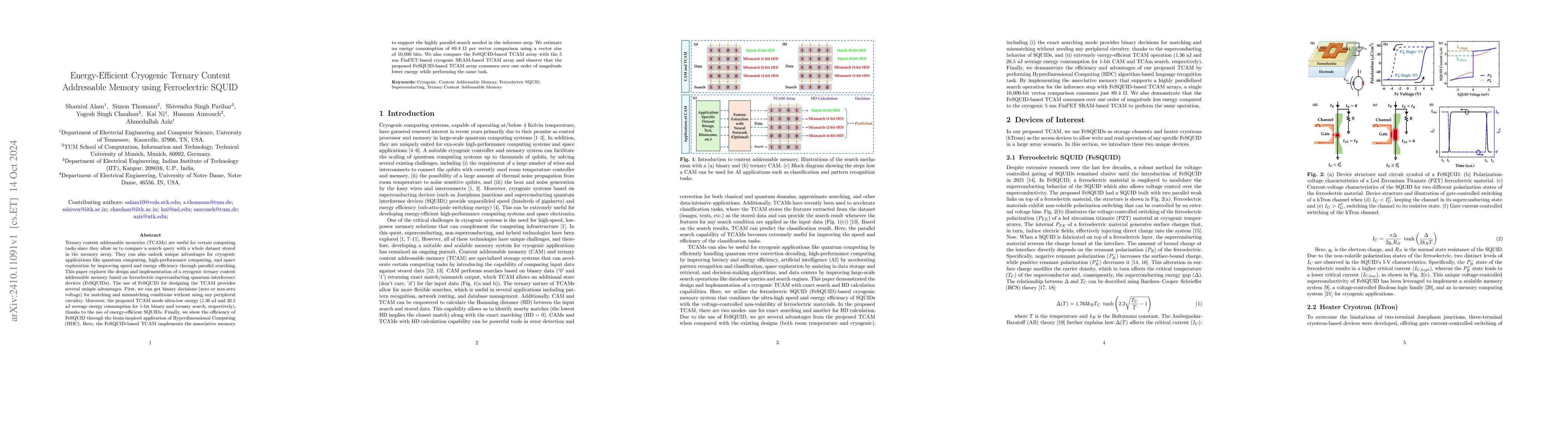 Thumbnail for Energy-Efficient Cryogenic Ternary Content Addressable Memory using
  Ferroelectric SQUID