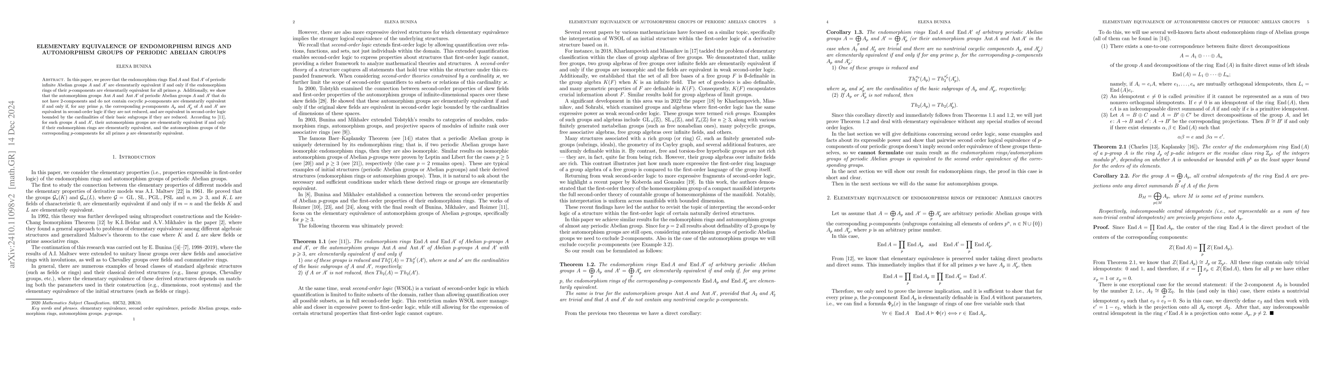 Thumbnail for Elementary equivalence of endomorphism rings and automorphism groups of
  periodic Abelian groups