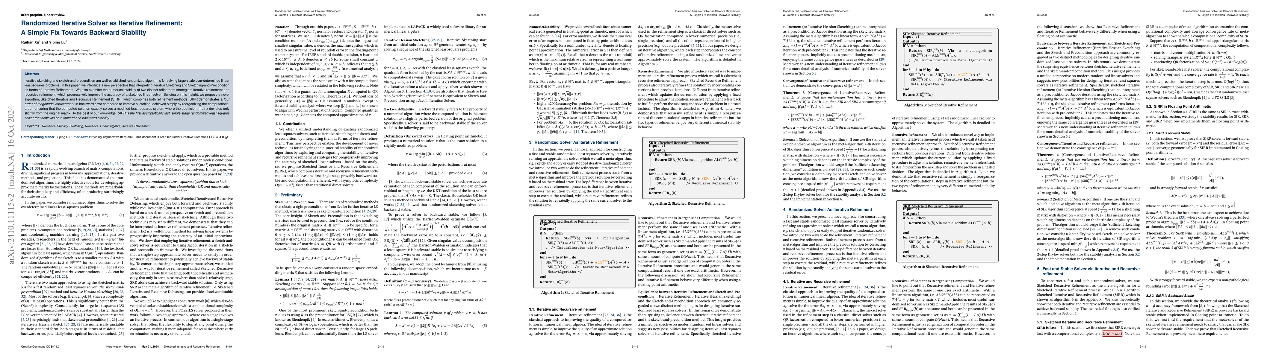 Thumbnail for Randomized Iterative Solver as Iterative Refinement: A Simple Fix
  Towards Backward Stability