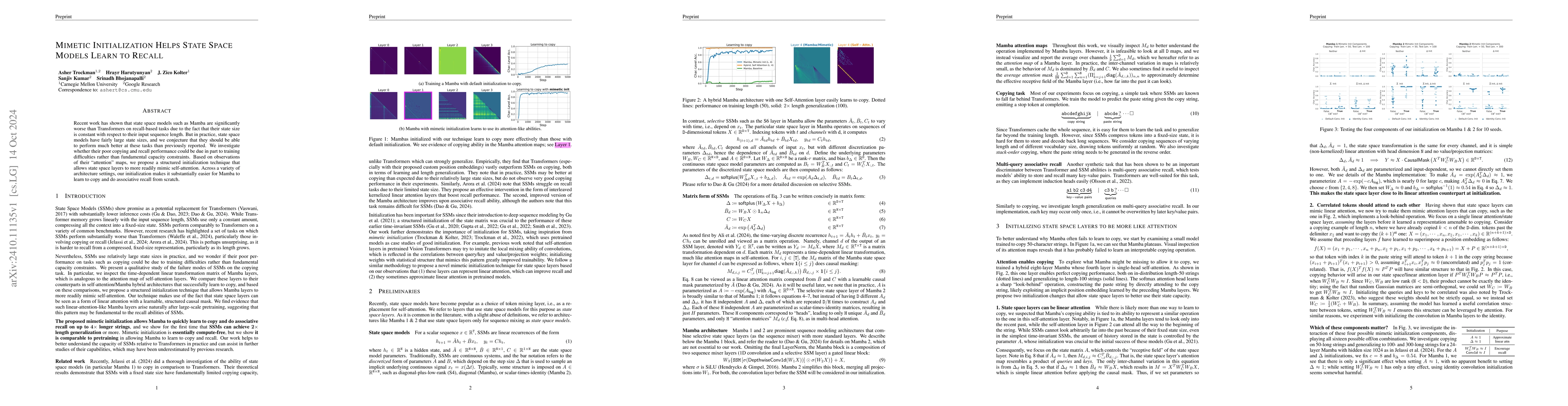 Thumbnail for Mimetic Initialization Helps State Space Models Learn to Recall