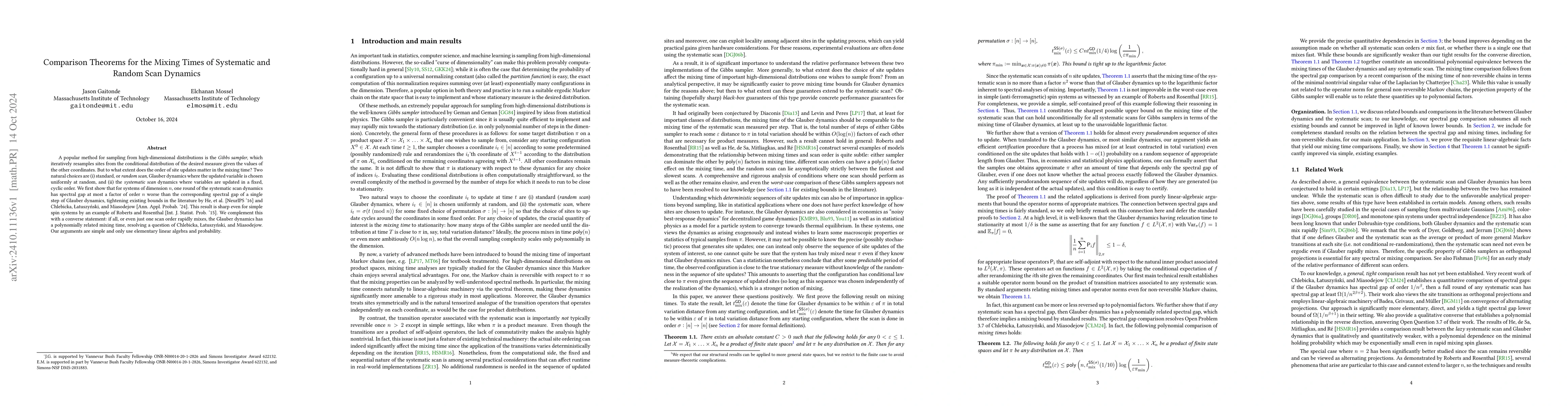 Thumbnail for Comparison Theorems for the Mixing Times of Systematic and Random Scan
  Dynamics