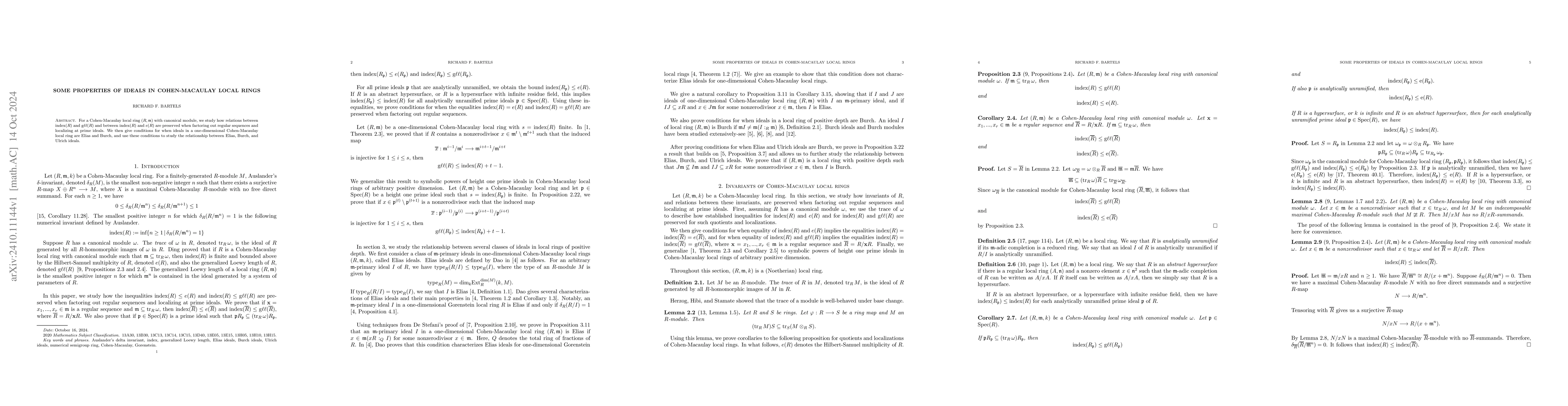 Thumbnail for Some properties of ideals in Cohen-Macaulay local rings