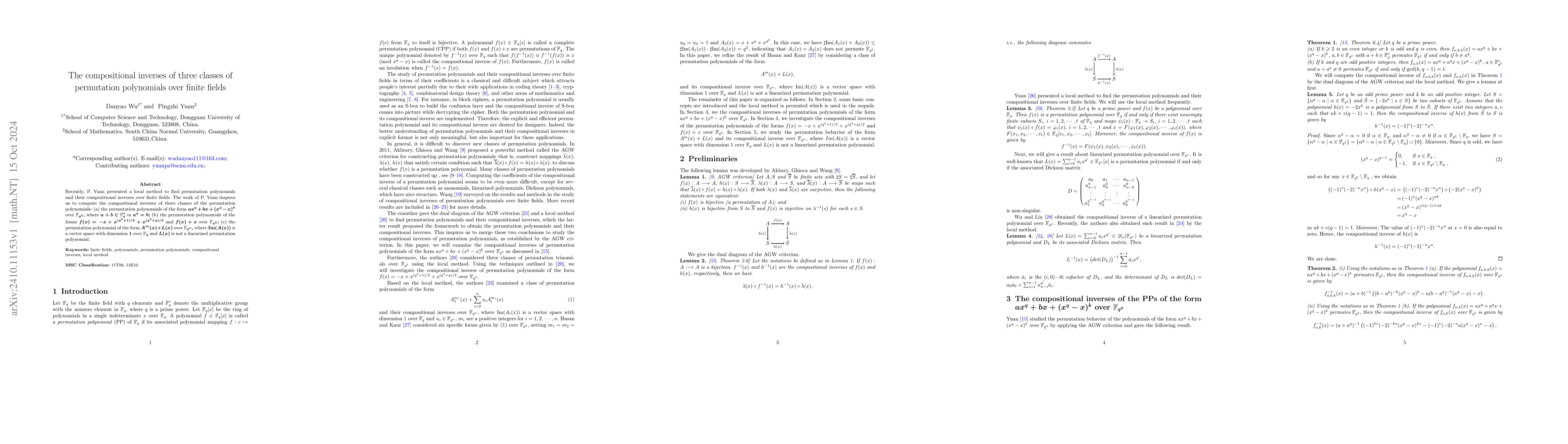 Thumbnail for The compositional inverses of three classes of permutation polynomials
  over finite fields