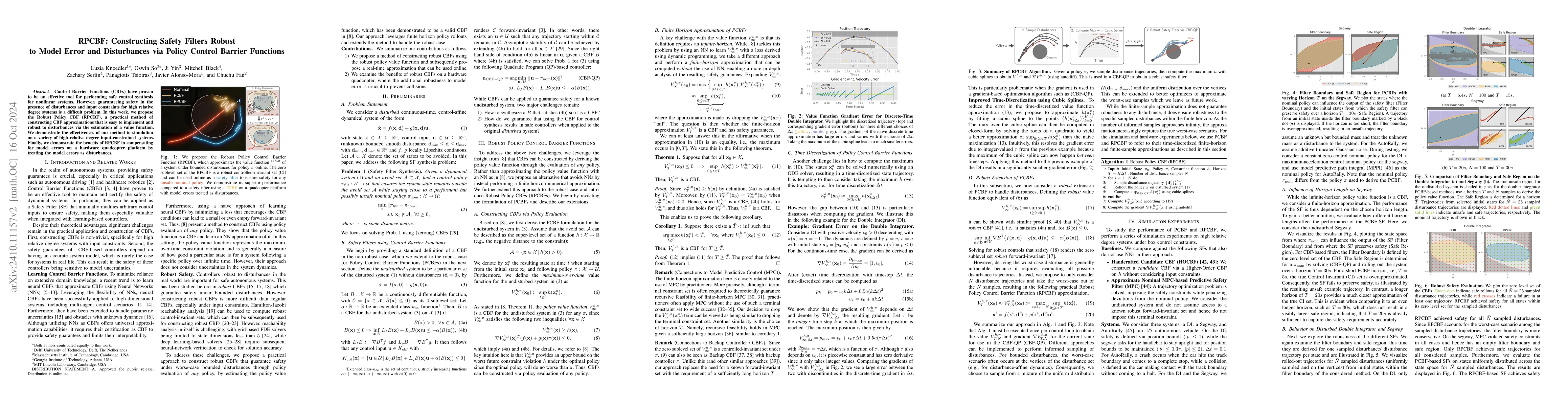 Thumbnail for RPCBF: Constructing Safety Filters Robust to Model Error and
  Disturbances via Policy Control Barrier Functions