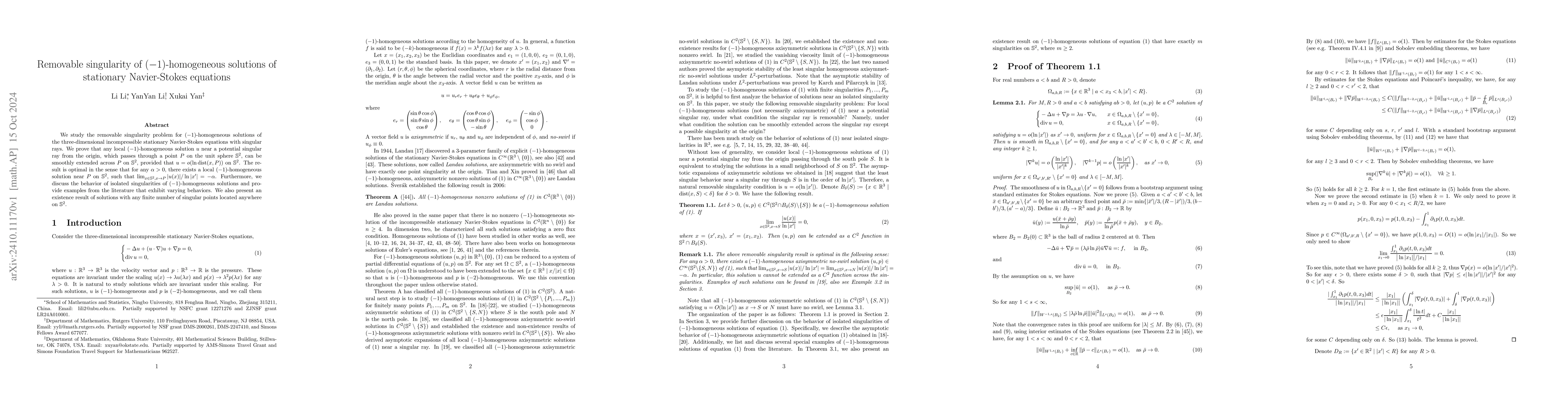Thumbnail for Removable singularity of (-1)-homogeneous solutions of stationary
  Navier-Stokes equations