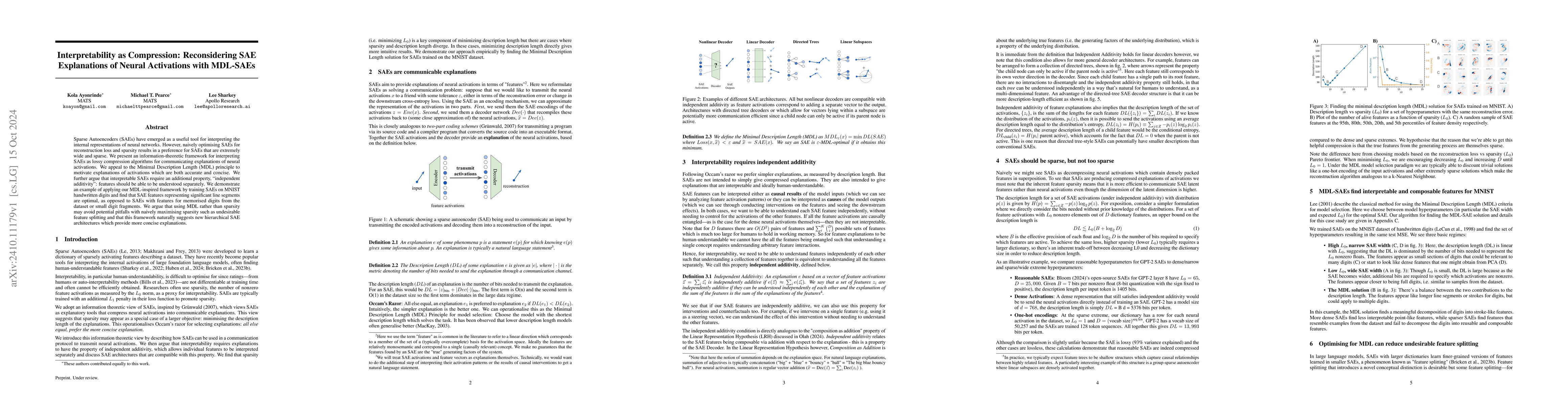 Thumbnail for Interpretability as Compression: Reconsidering SAE Explanations of
  Neural Activations with MDL-SAEs