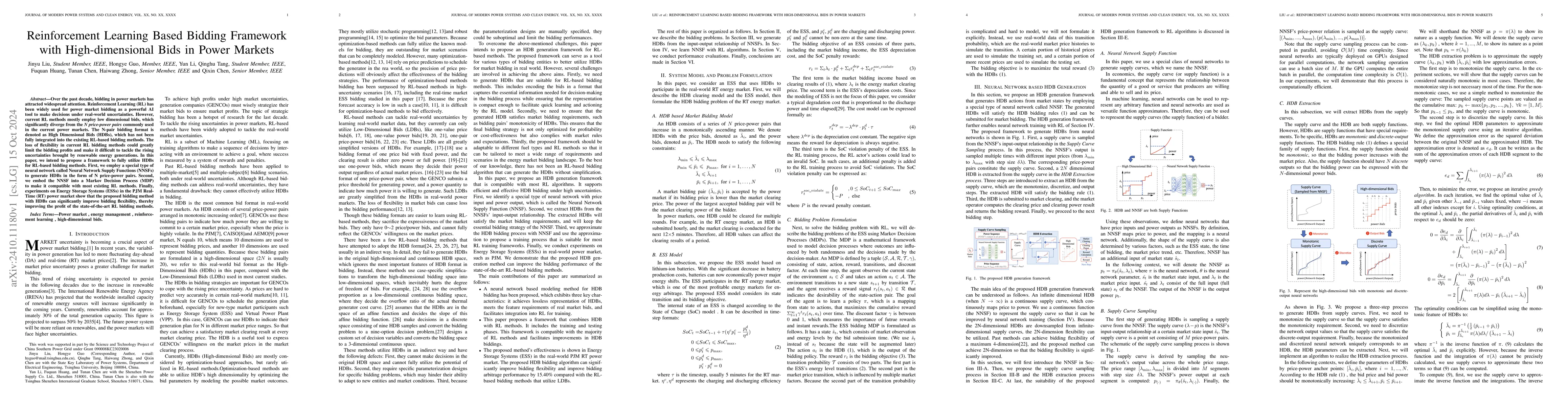 Thumbnail for Reinforcement Learning Based Bidding Framework with High-dimensional
  Bids in Power Markets