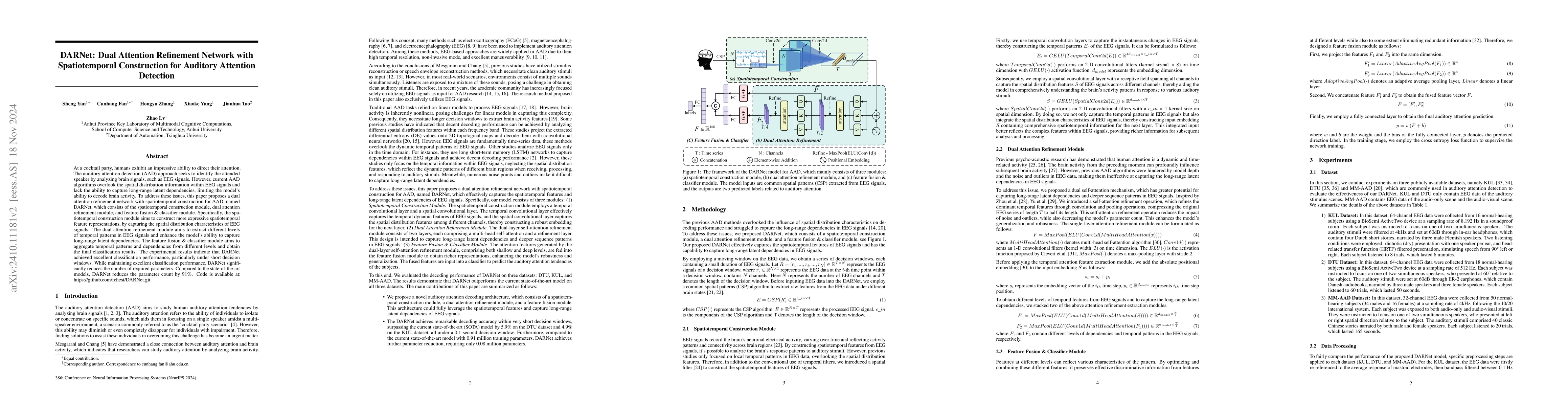 Thumbnail for DARNet: Dual Attention Refinement Network with Spatiotemporal
  Construction for Auditory Attention Detection