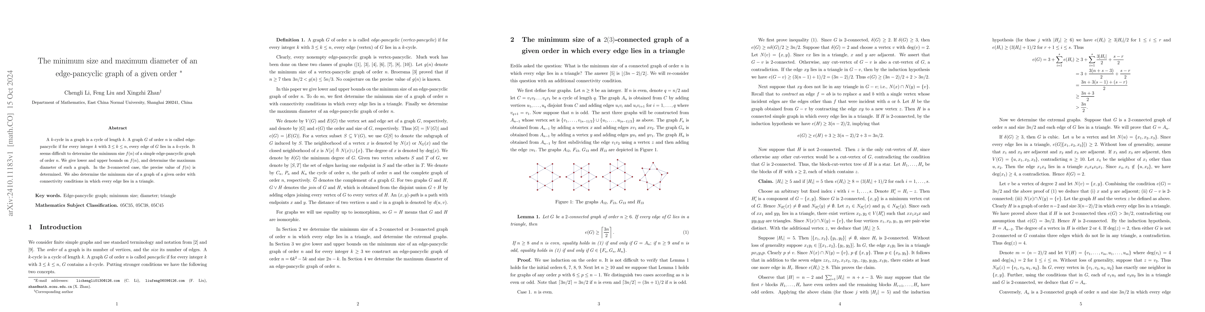 Thumbnail for The minimum size and maximum diameter of an edge-pancyclic graph of a
  given order