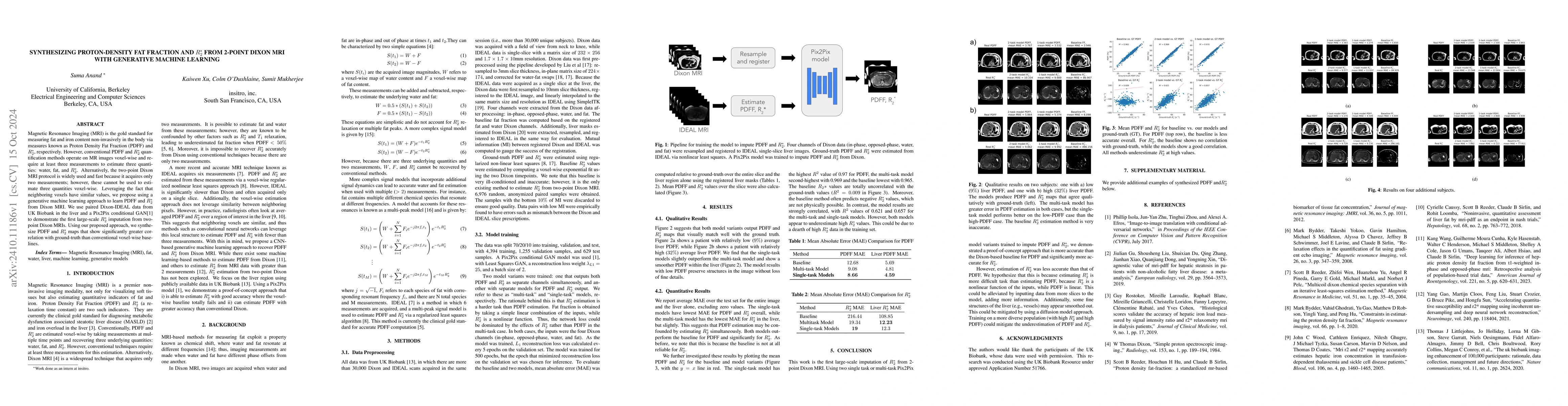 Thumbnail for Synthesizing Proton-Density Fat Fraction and $R_2^*$ from 2-point Dixon
  MRI with Generative Machine Learning