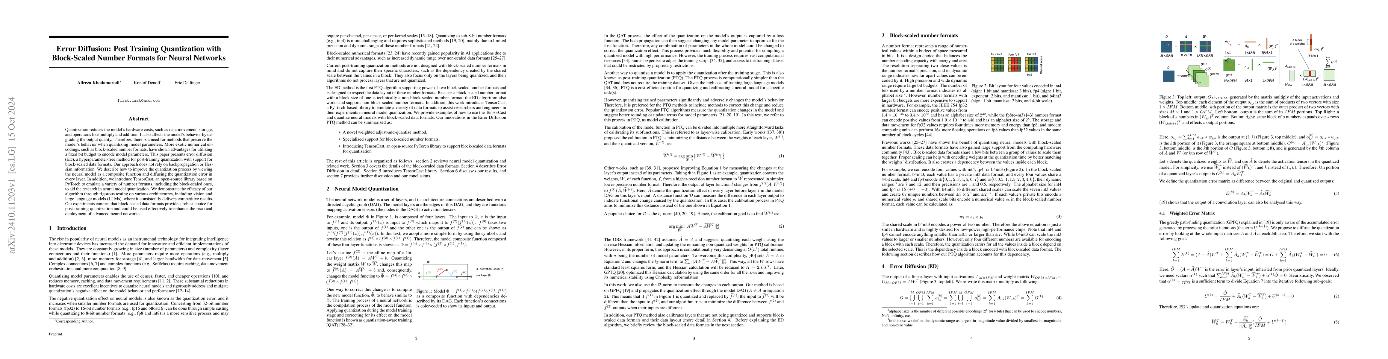 Thumbnail for Error Diffusion: Post Training Quantization with Block-Scaled Number
  Formats for Neural Networks