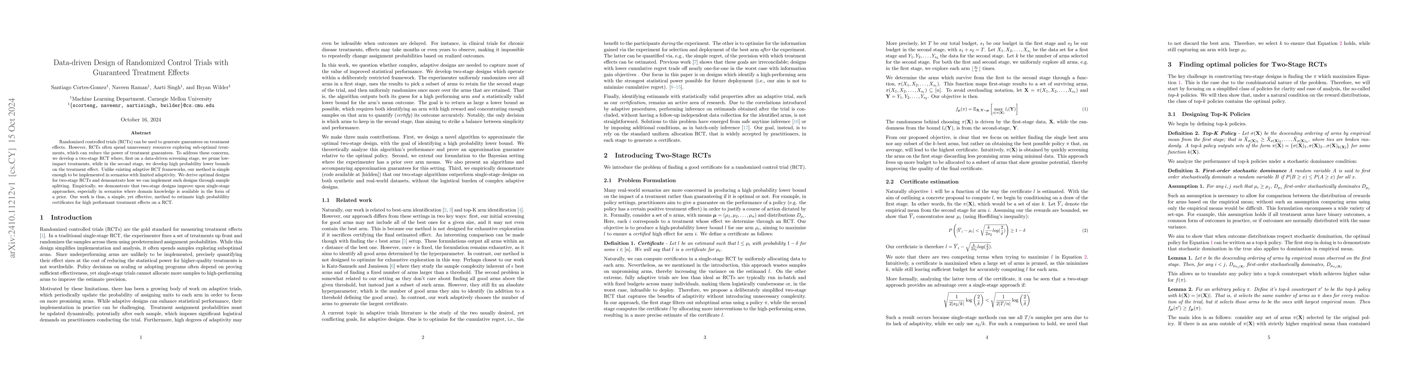 Thumbnail for Data-driven Design of Randomized Control Trials with Guaranteed
  Treatment Effects