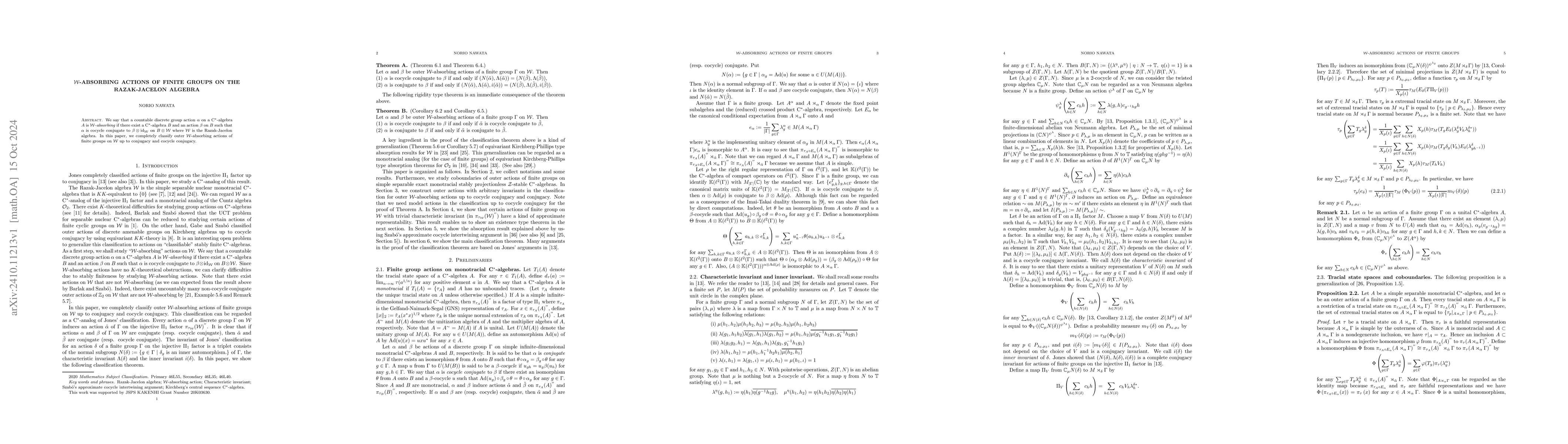 Thumbnail for $\mathcal{W}$-absorbing actions of finite groups on the Razak-Jacelon
  algebra
