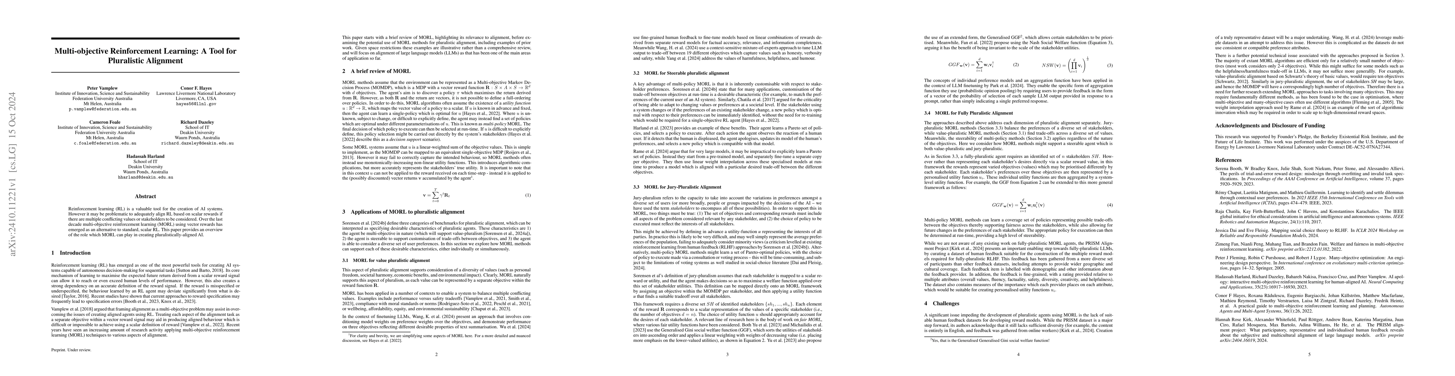 Thumbnail for Multi-objective Reinforcement Learning: A Tool for Pluralistic Alignment
