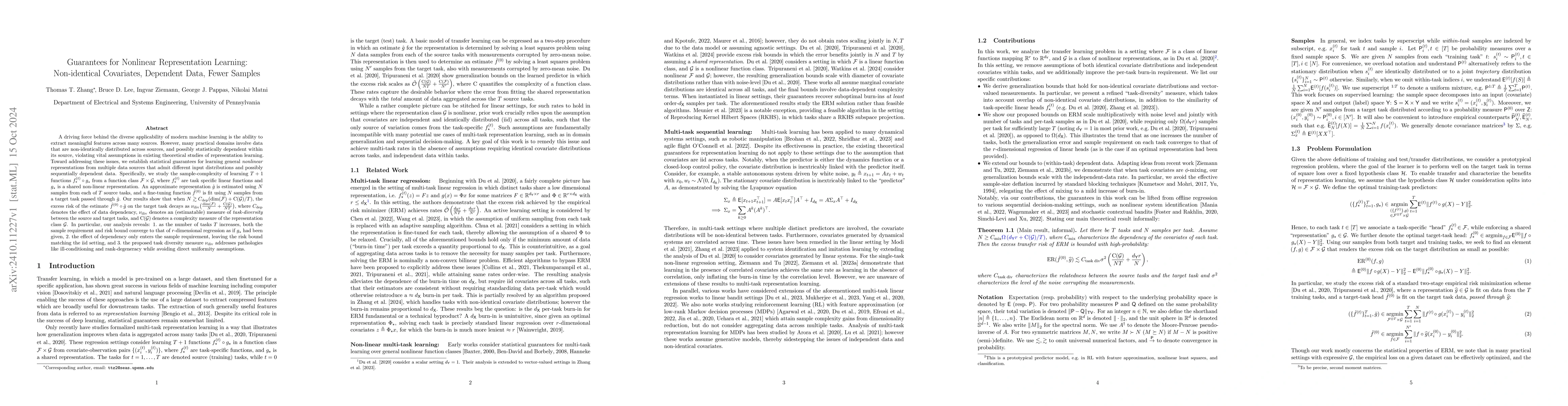 Thumbnail for Guarantees for Nonlinear Representation Learning: Non-identical
  Covariates, Dependent Data, Fewer Samples