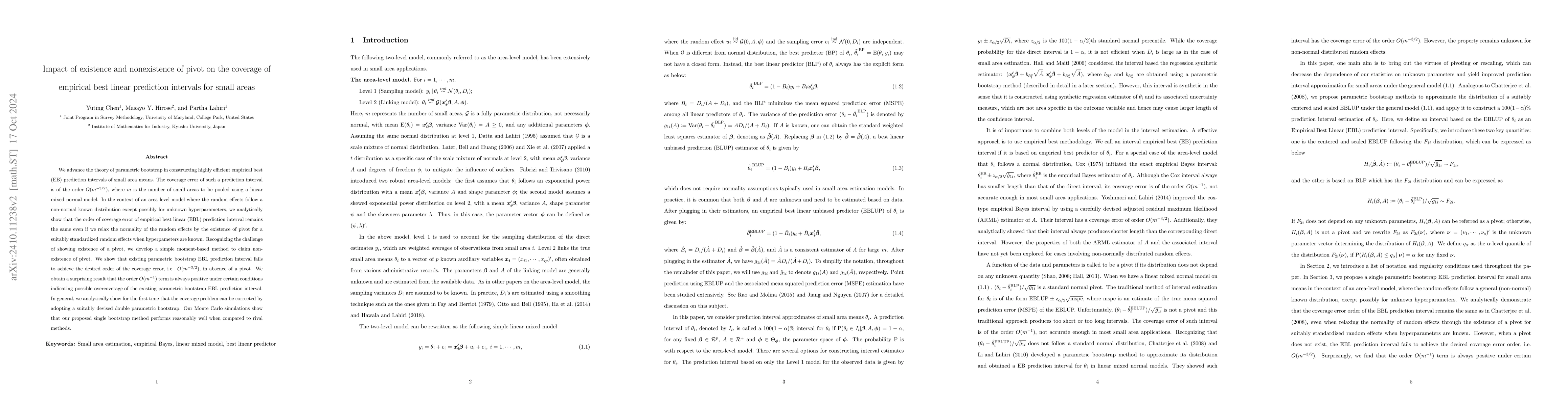 Thumbnail for Impact of existence and nonexistence of pivot on the coverage of
  empirical best linear prediction intervals for small areas