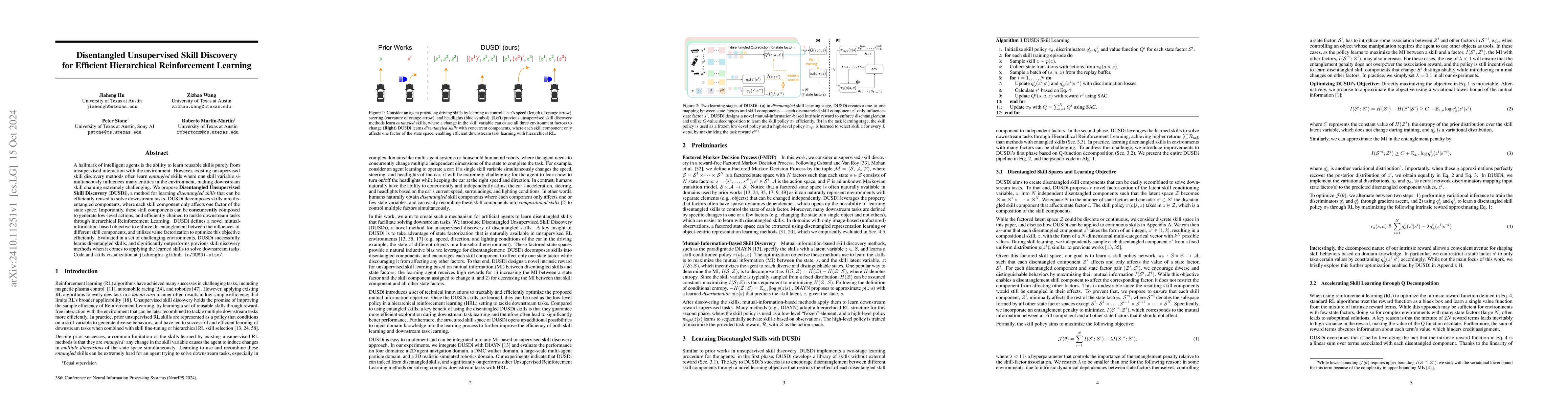 Thumbnail for Disentangled Unsupervised Skill Discovery for Efficient Hierarchical
  Reinforcement Learning
