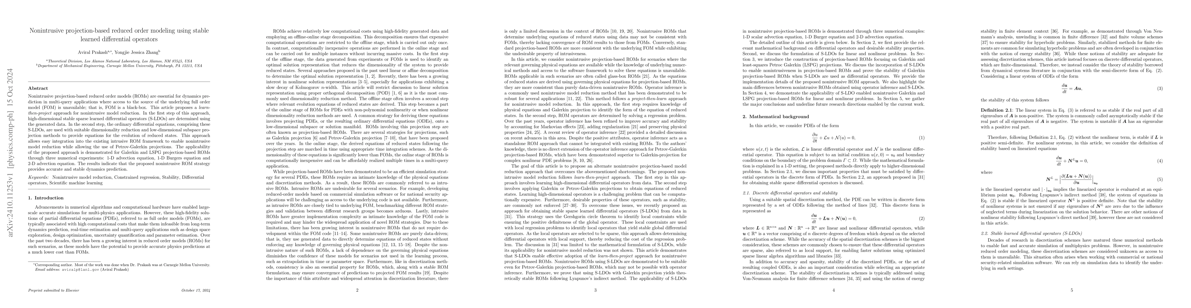 Thumbnail for Nonintrusive projection-based reduced order modeling using stable
  learned differential operators