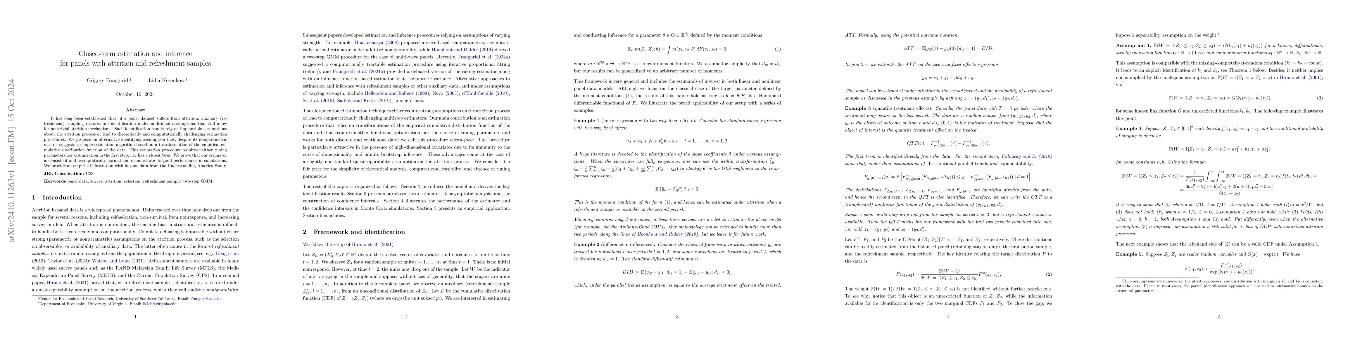 Thumbnail for Closed-form estimation and inference for panels with attrition and
  refreshment samples