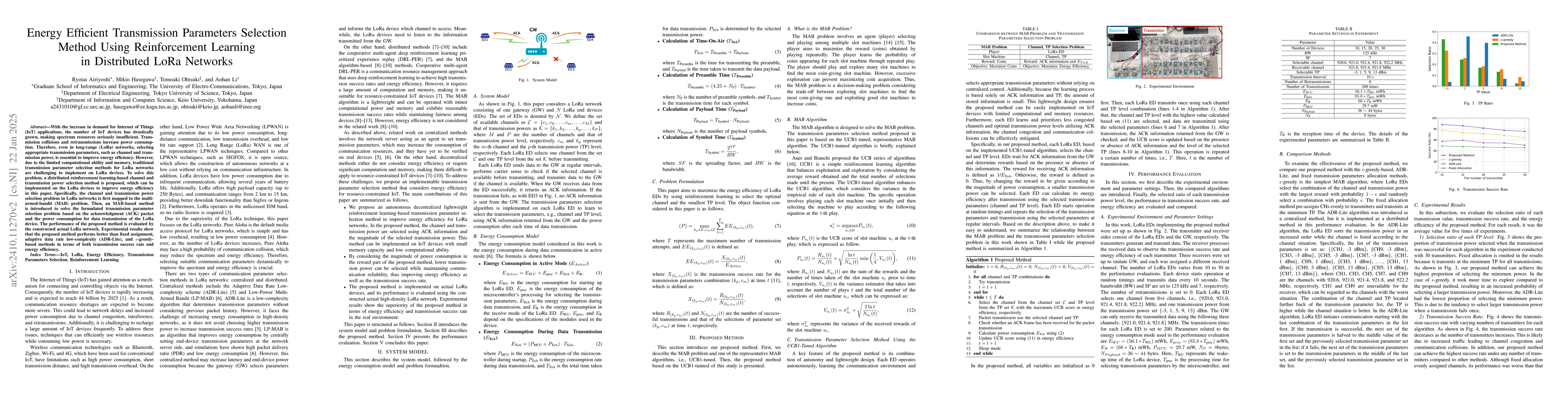 Thumbnail for Energy Efficient Transmission Parameters Selection Method Using
  Reinforcement Learning in Distributed LoRa Networks