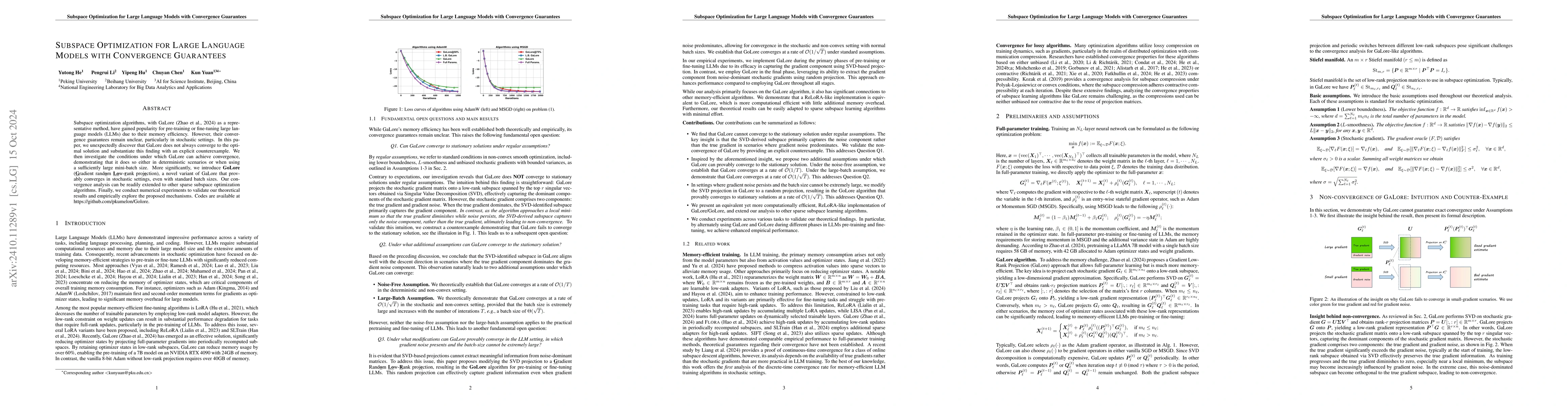 Thumbnail for Subspace Optimization for Large Language Models with Convergence
  Guarantees