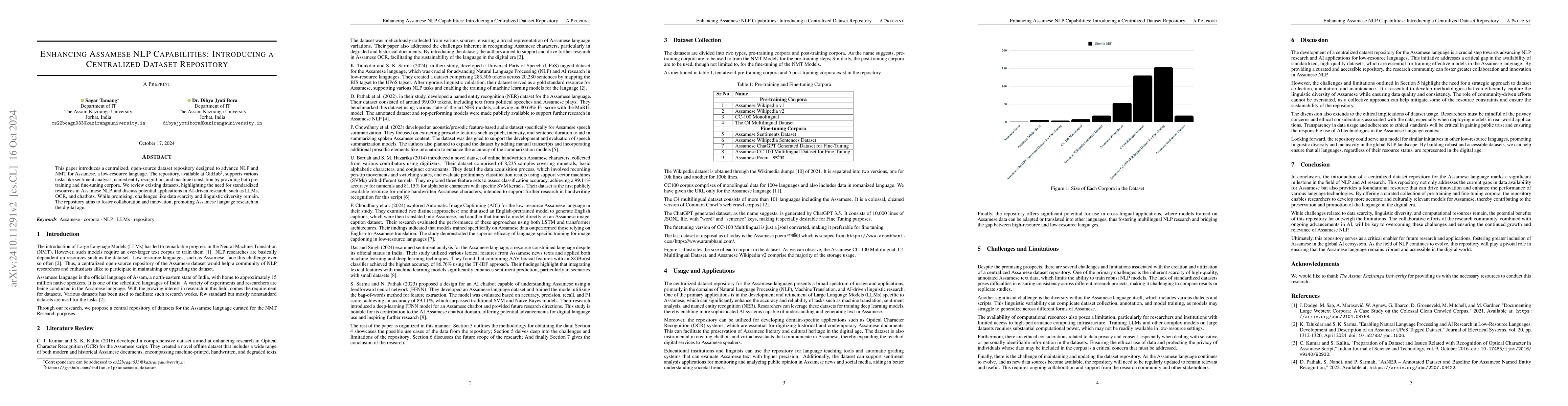 Thumbnail for Enhancing Assamese NLP Capabilities: Introducing a Centralized Dataset
  Repository
