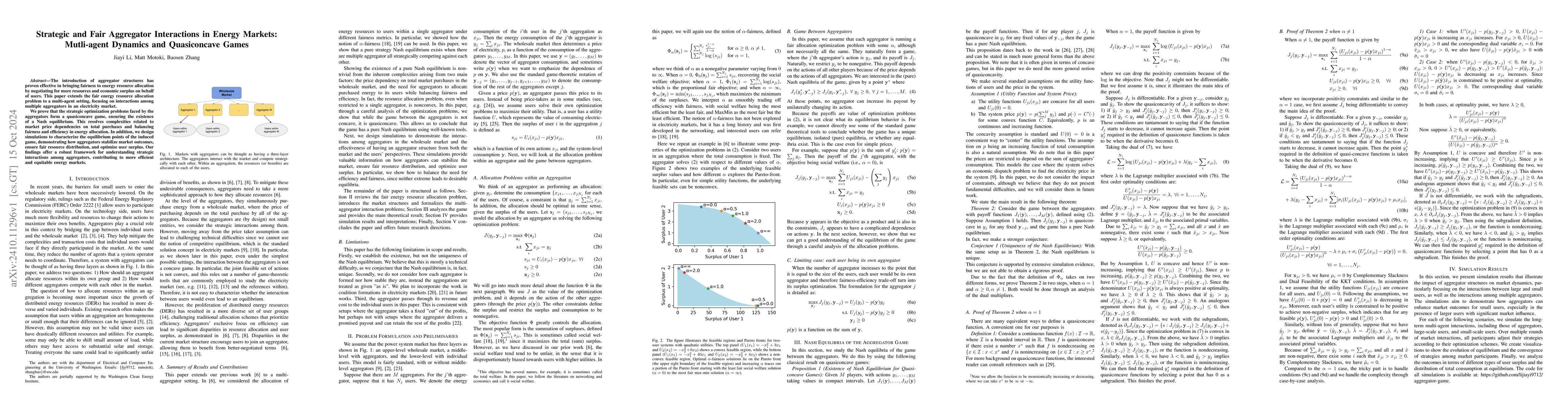 Thumbnail for Strategic and Fair Aggregator Interactions in Energy Markets:
  Mutli-agent Dynamics and Quasiconcave Games