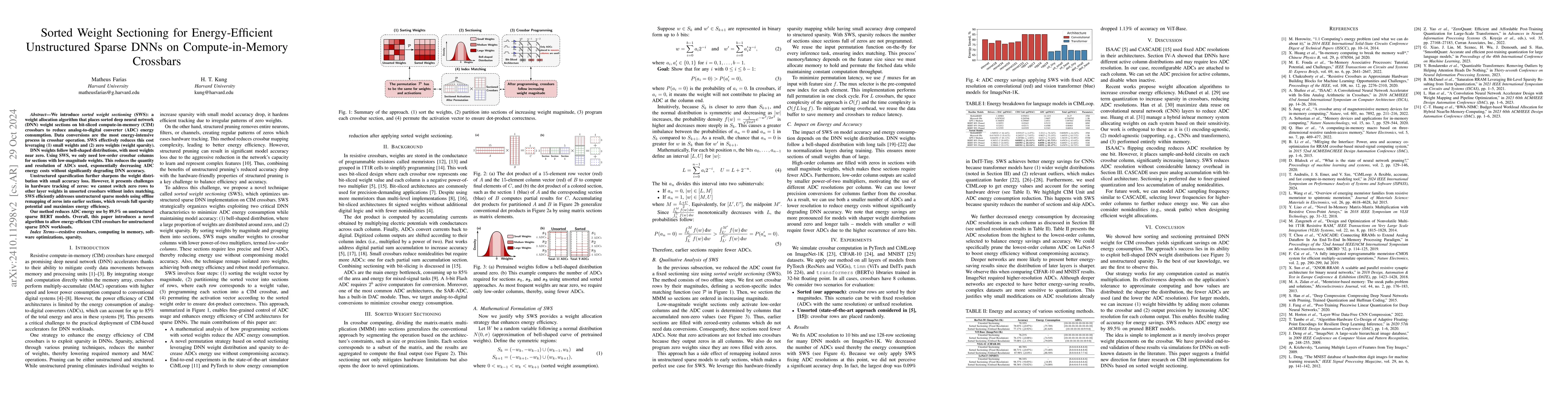 Thumbnail for Sorted Weight Sectioning for Energy-Efficient Unstructured Sparse DNNs
  on Compute-in-Memory Crossbars