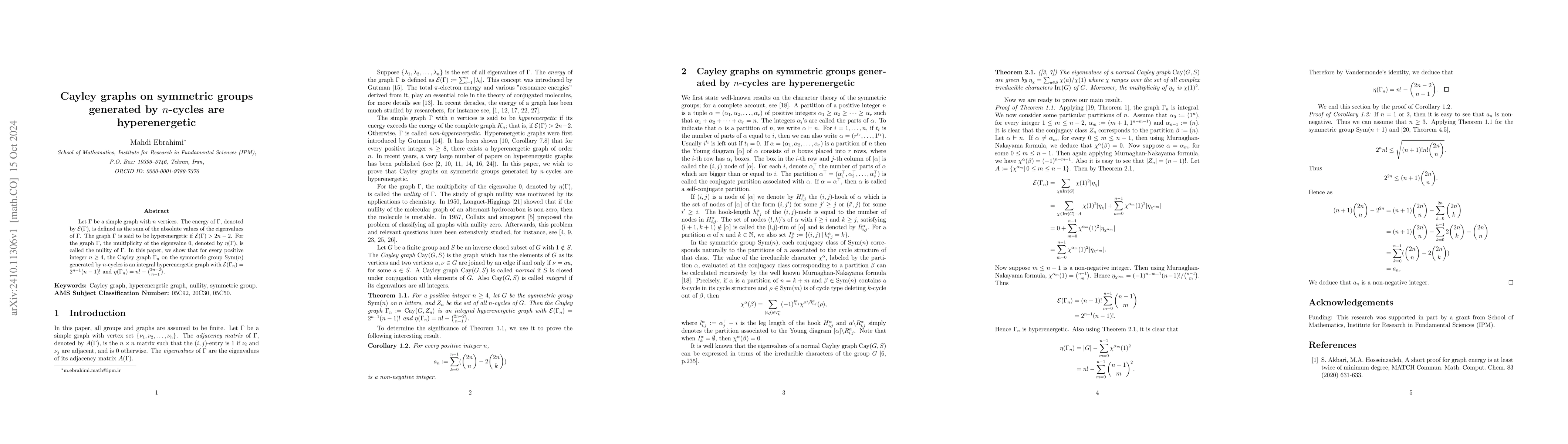 Thumbnail for Cayley graphs on symmetric groups generated by $n$-cycles are
  hyperenergetic