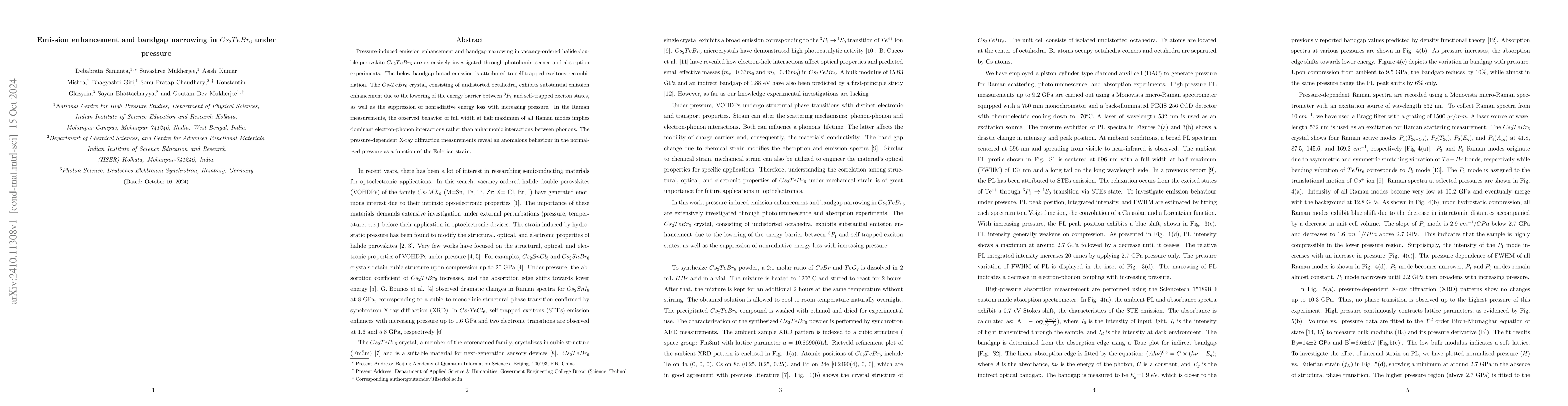 Thumbnail for Emission enhancement and bandgap narrowing in $Cs_2TeBr_6$ under
  pressure