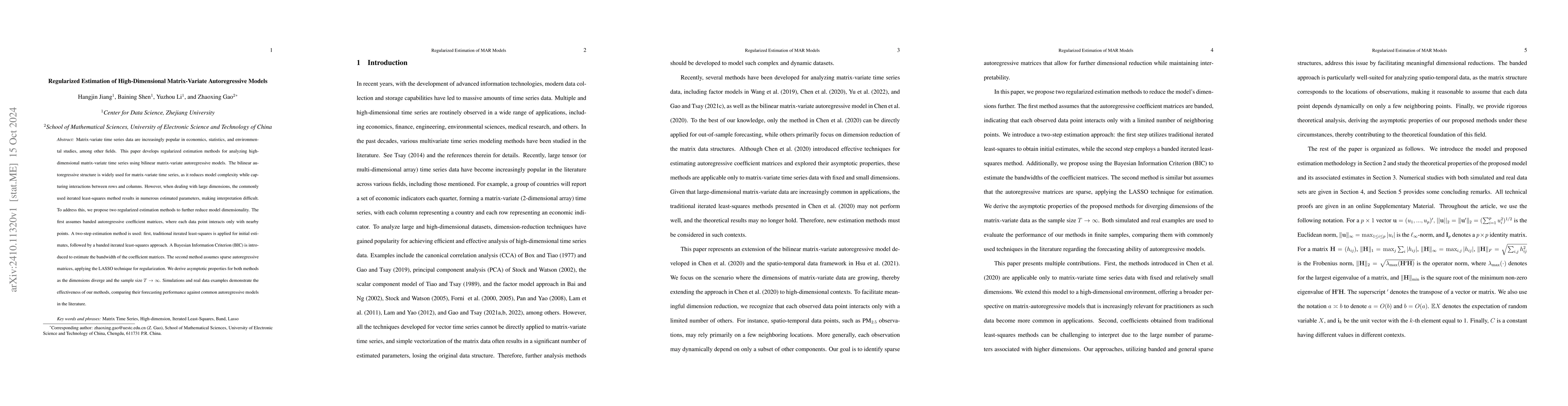 Thumbnail for Regularized Estimation of High-Dimensional Matrix-Variate Autoregressive
  Models