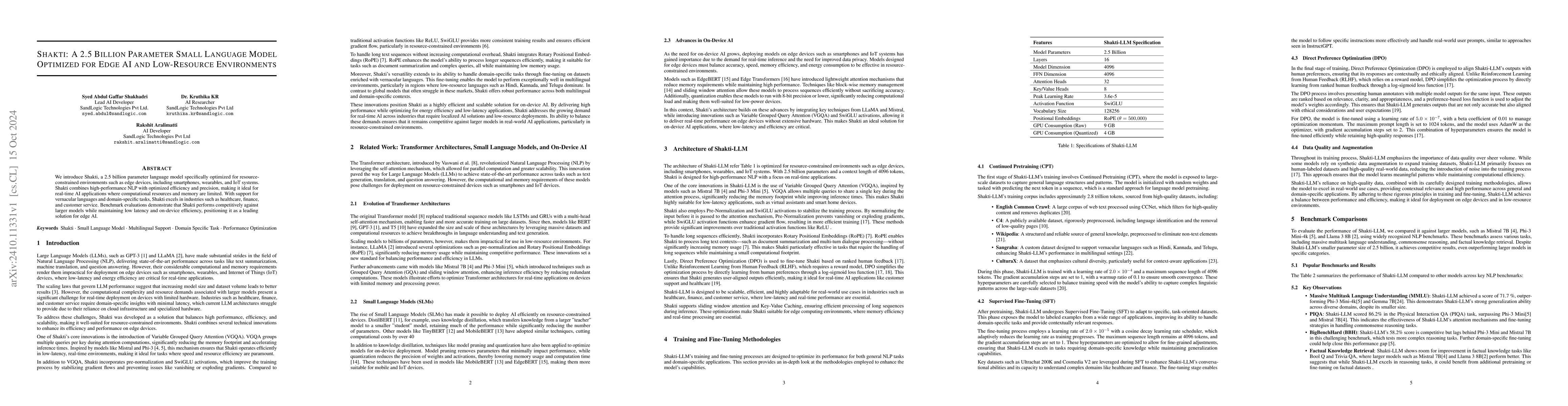 Thumbnail for SHAKTI: A 2.5 Billion Parameter Small Language Model Optimized for Edge
  AI and Low-Resource Environments