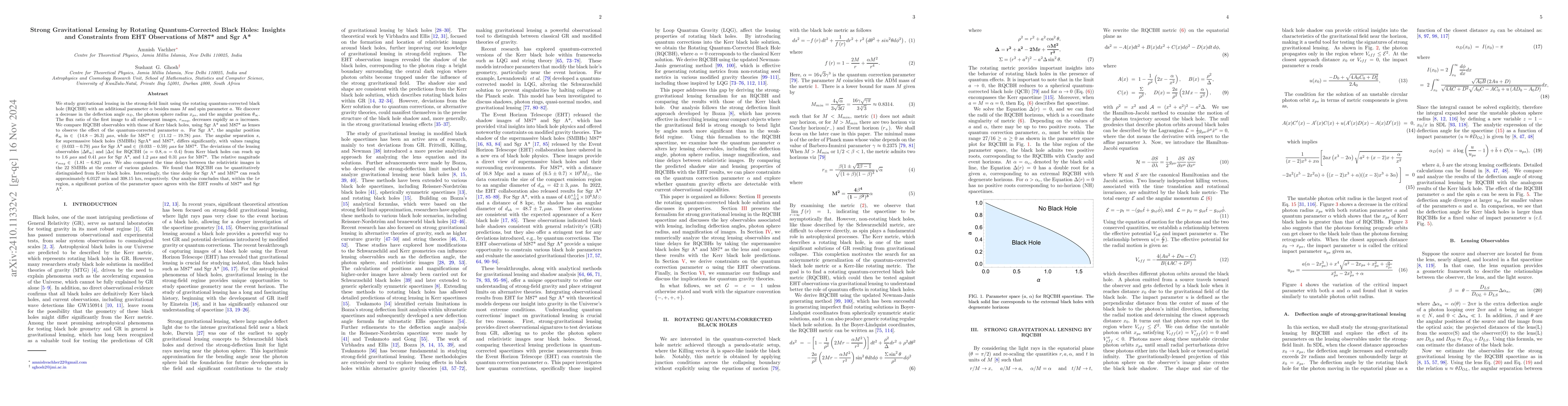 Thumbnail for Strong Gravitational Lensing by Rotating Quantum-Corrected Black Holes:
  Insights and Constraints from EHT Observations of M87* and Sgr A*