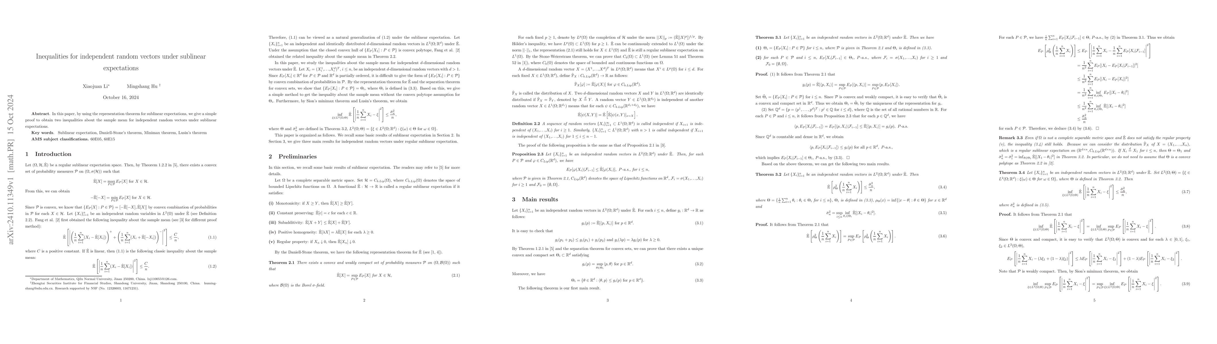 Thumbnail for Inequalities for independent random vectors under sublinear expectations
