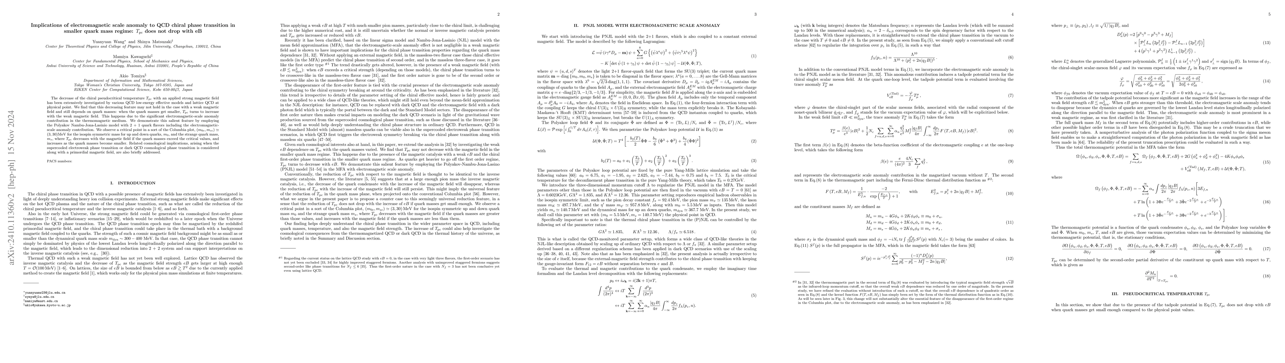 Thumbnail for Implications of electromagnetic scale anomaly to QCD chiral phase
  transition in smaller quark mass regime: $T_{\mathrm{pc}}$ does not drop with
  eB