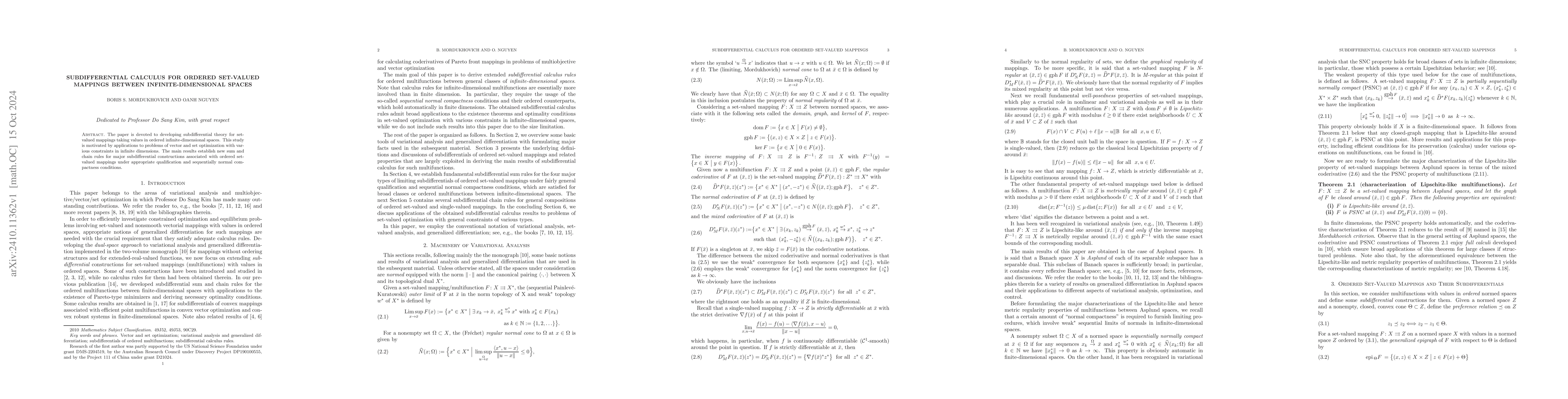 Thumbnail for Subdifferential Calculus for Ordered Set-Valued Mappings between
  Infinite-Dimensional Spaces