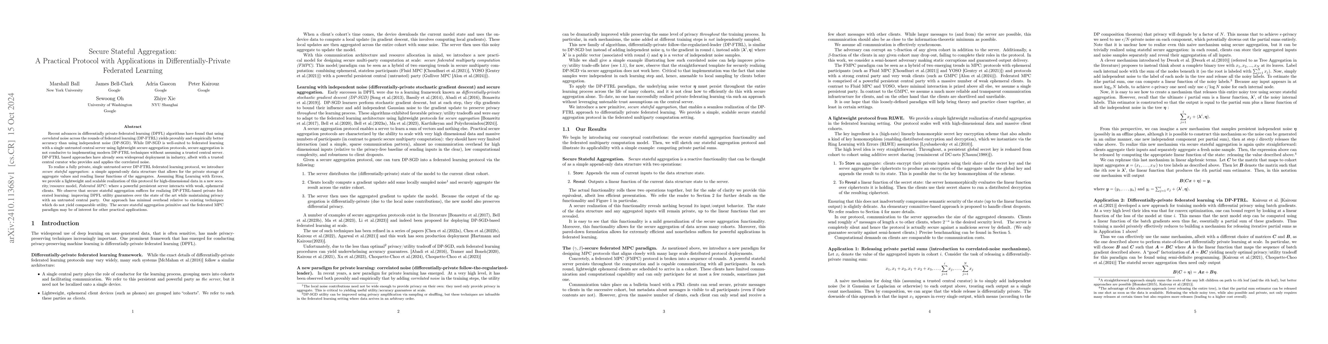 Thumbnail for Secure Stateful Aggregation: A Practical Protocol with Applications in
  Differentially-Private Federated Learning