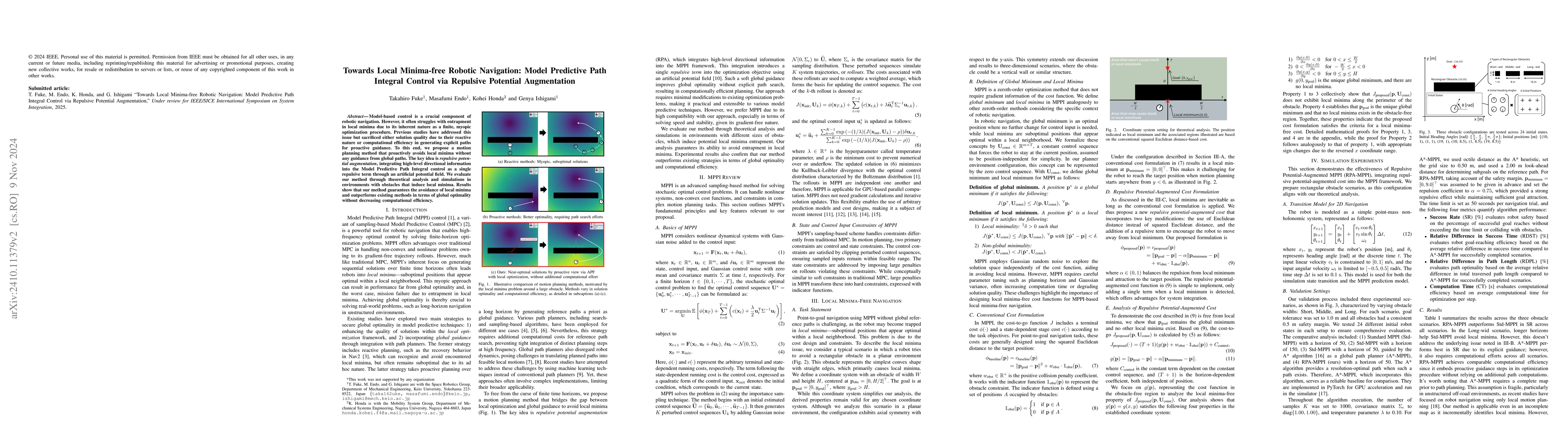 Thumbnail for Towards Local Minima-free Robotic Navigation: Model Predictive Path
  Integral Control via Repulsive Potential Augmentation