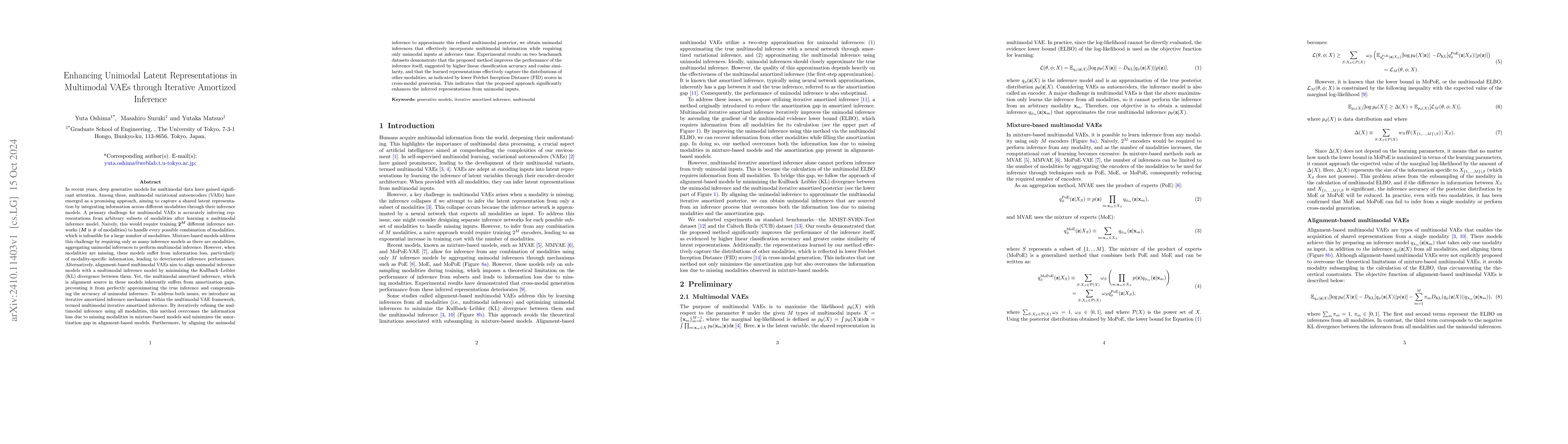 Thumbnail for Enhancing Unimodal Latent Representations in Multimodal VAEs through
  Iterative Amortized Inference