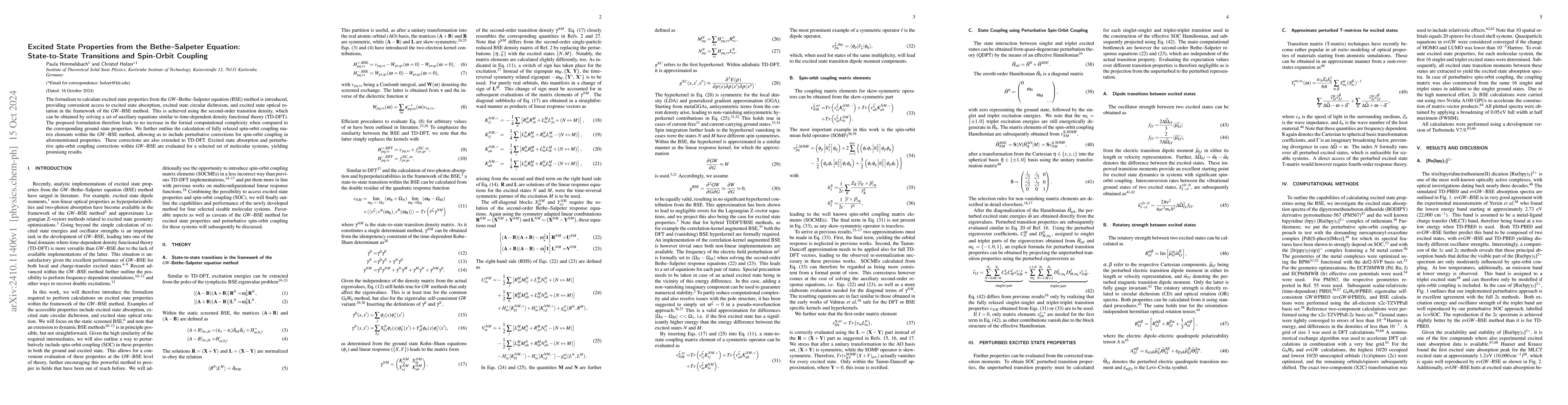 Thumbnail for Excited State Properties from the Bethe--Salpeter Equation:
  State-to-State Transitions and Spin-Orbit Coupling