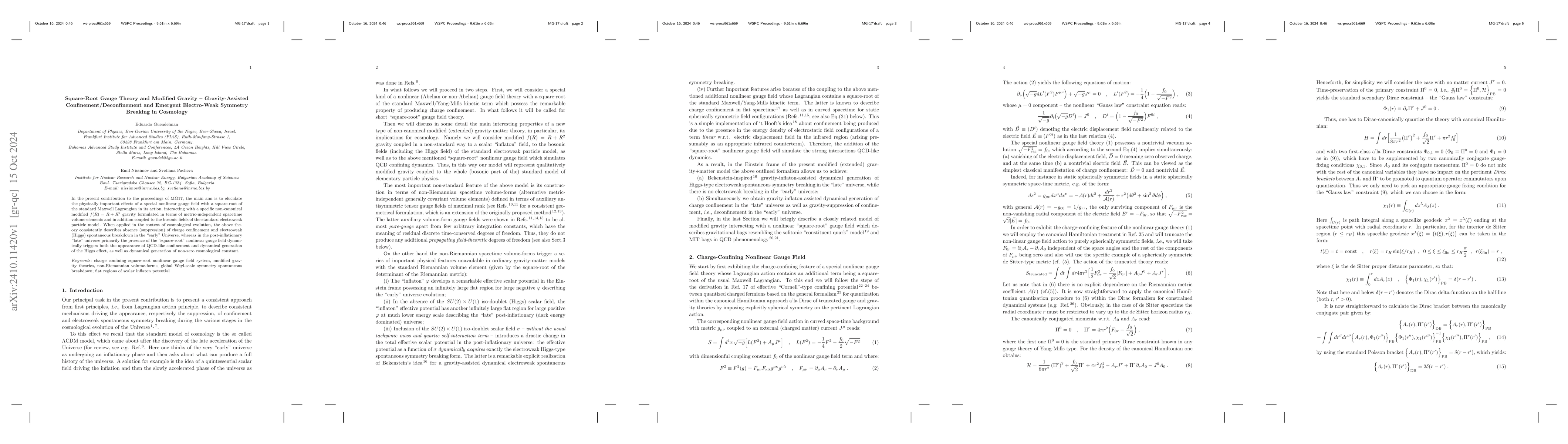 Thumbnail for Square-Root Gauge Theory and Modified Gravity -- Gravity-Assisted
  Confinement/Deconfinement and Emergent Electro-Weak Symmetry Breaking in
  Cosmology