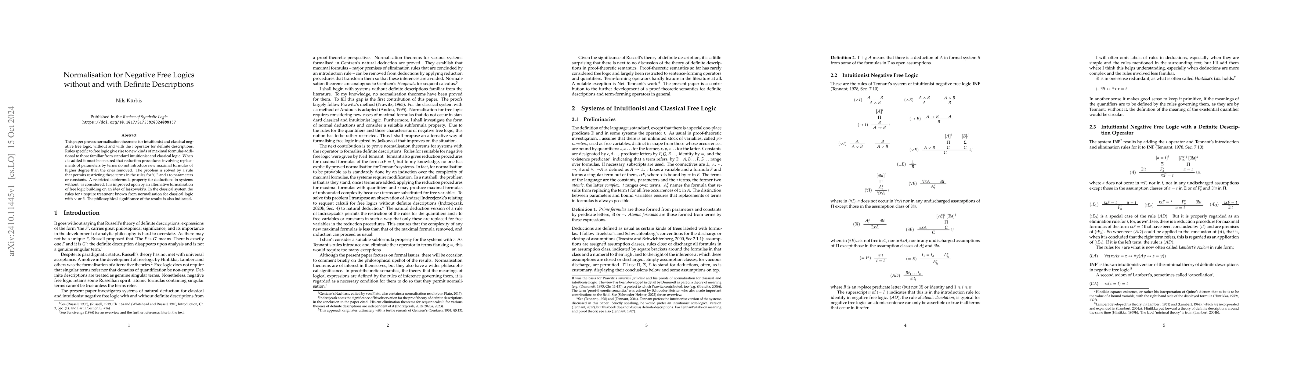 Thumbnail for Normalisation for Negative Free Logics without and with Definite
  Descriptions